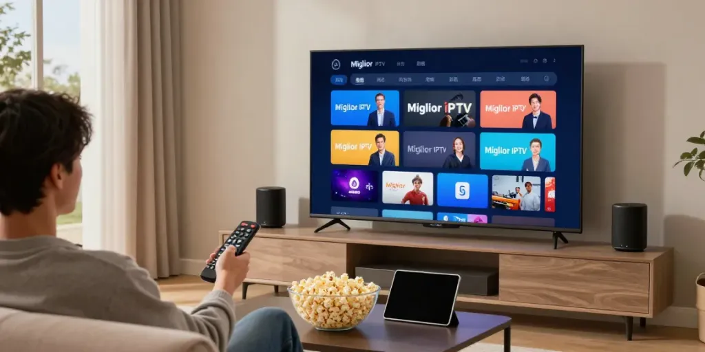 Enjoying abbonamento IPTV in a cozy living room with smart devices.