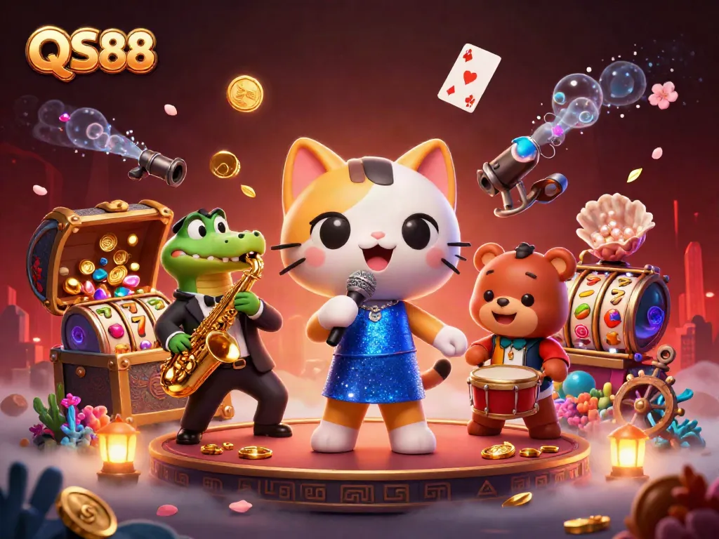 Experience the vibrant QS88 casino scene with lively characters and gaming elements.