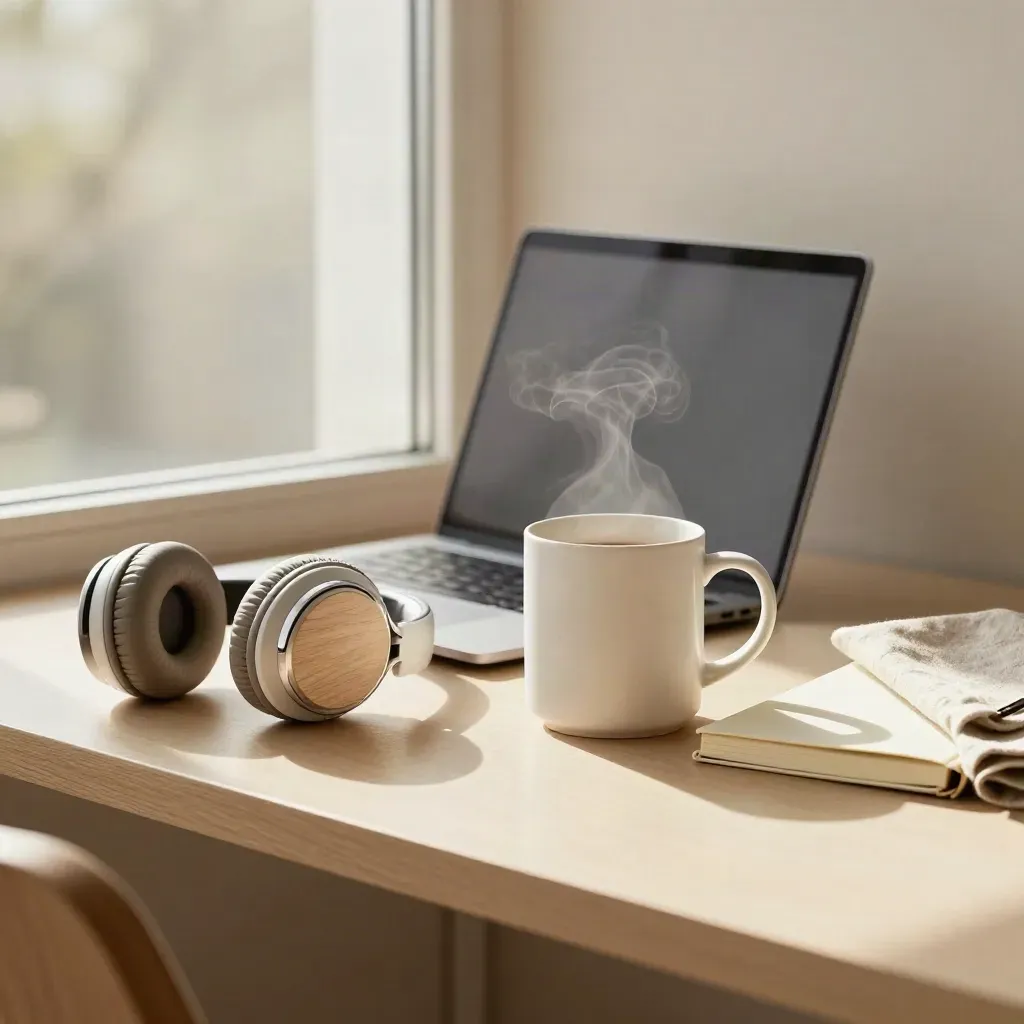 Scrivania di casa con laptop, cuffie, tazza e quaderno vicino a una finestra luminosa.