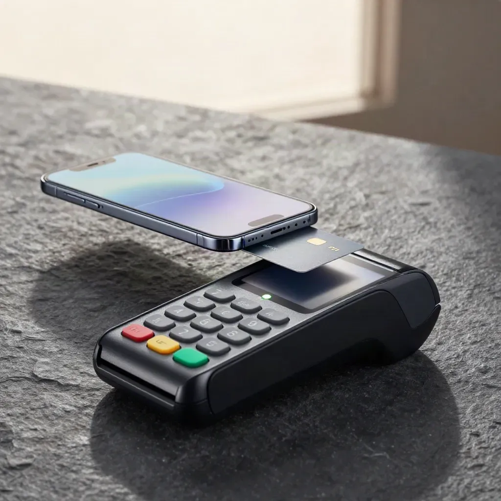 Smartphone, carta contactless e lettore pagamenti su pietra scura con luce verde
