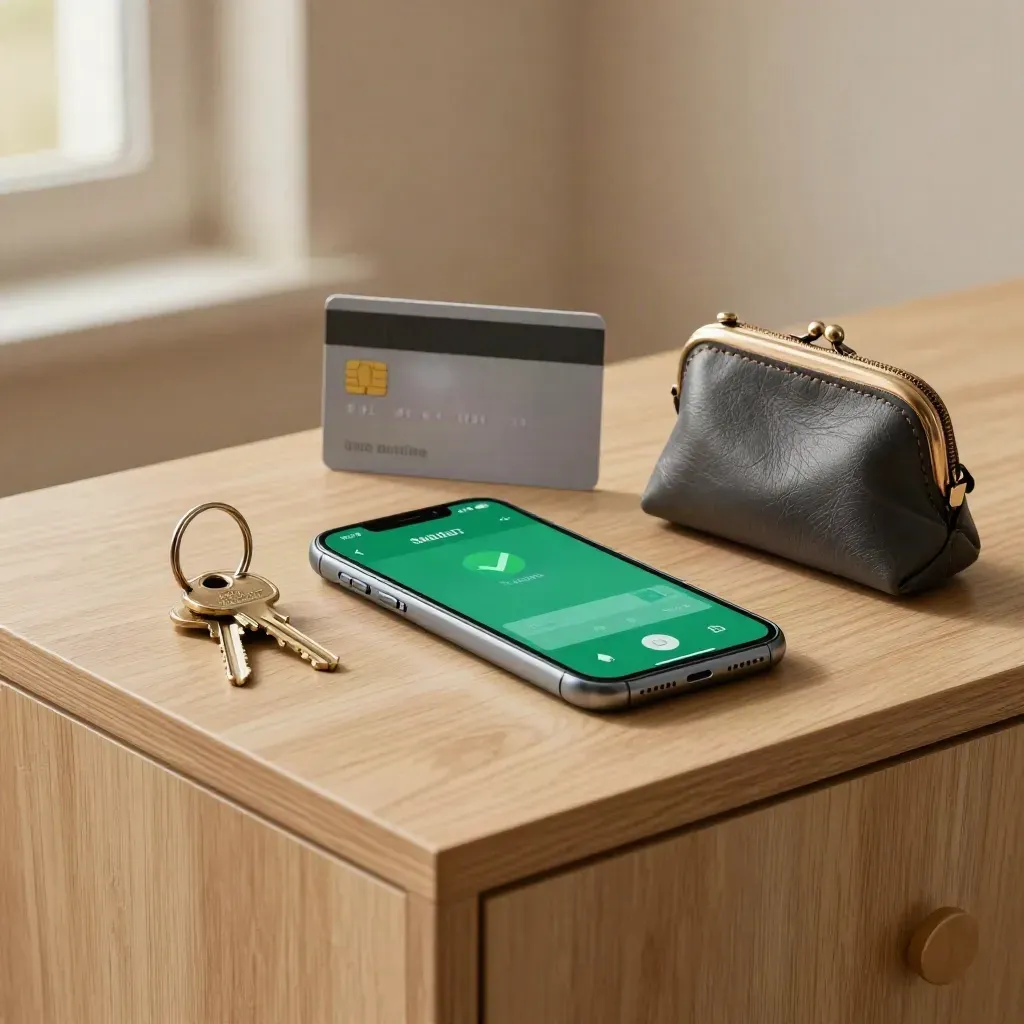 Telefono, carta contactless, chiavi e portamonete su consolle in legno con luce serale.