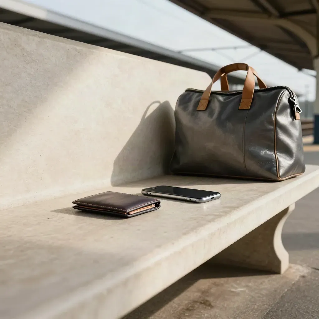 Sedile di stazione con wallet, smartphone e borsa da viaggio pronta per partire.