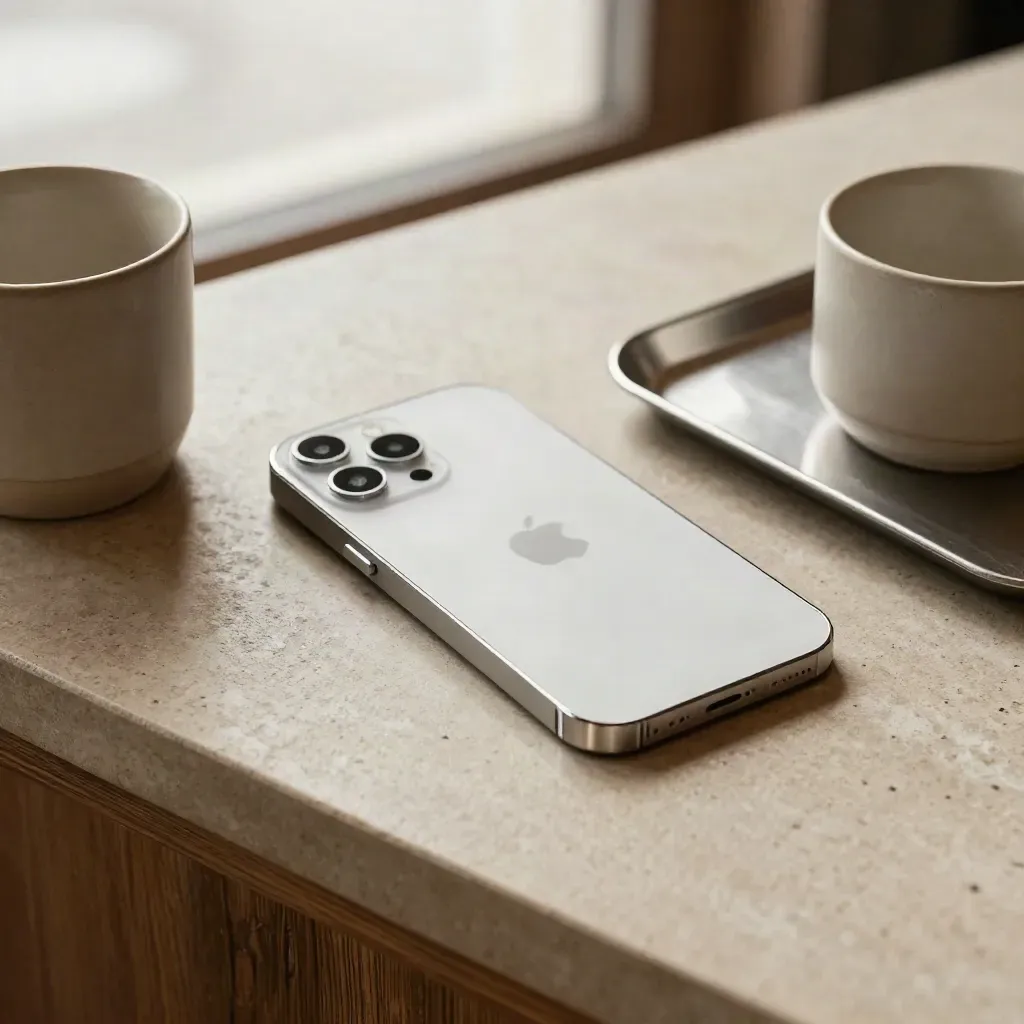 Smartphone accanto a terminale contactless spento su tavolo da bar con tazza e vassoio
