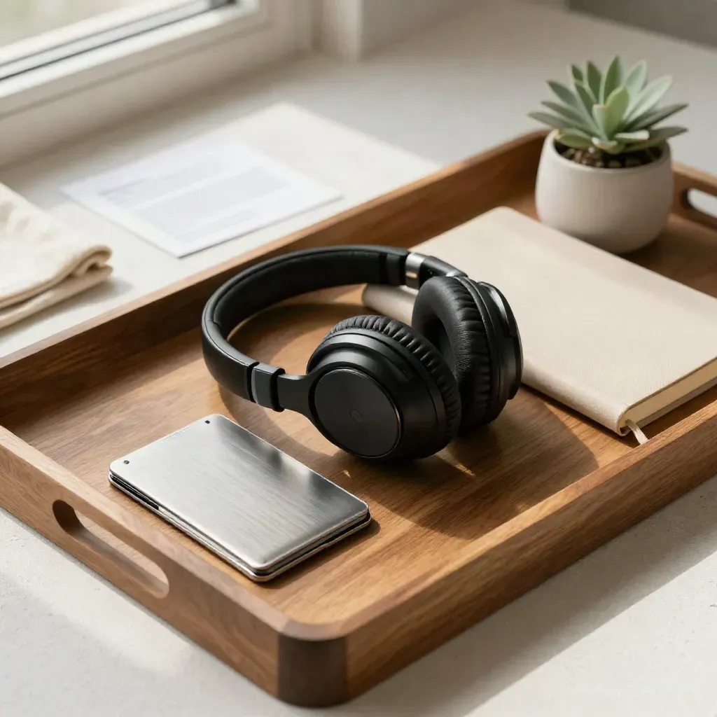 Cuffie da lavoro, card holder, quaderno chiuso e piantina su vassoio di legno.