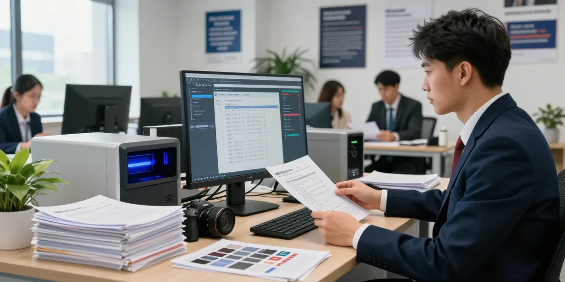 Document fraud detection in action, analyst reviewing digital documents with high-resolution monitor, emphasizing security and accuracy.