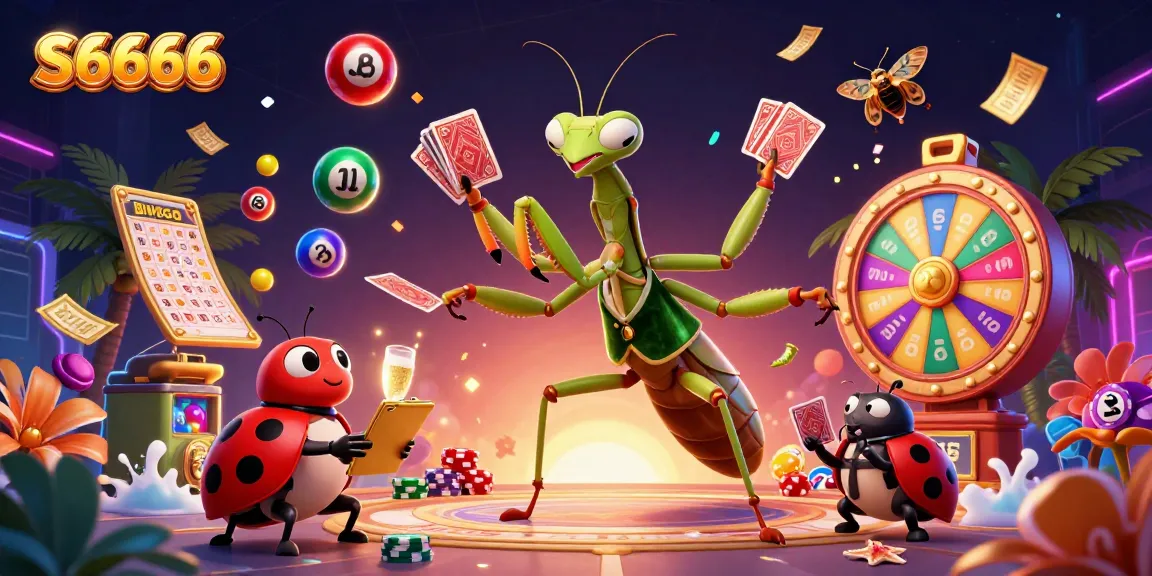 S6666 showcases a vibrant casino scene with a giant mantis card sharp, dynamic gambling elements, and an engaging atmosphere.