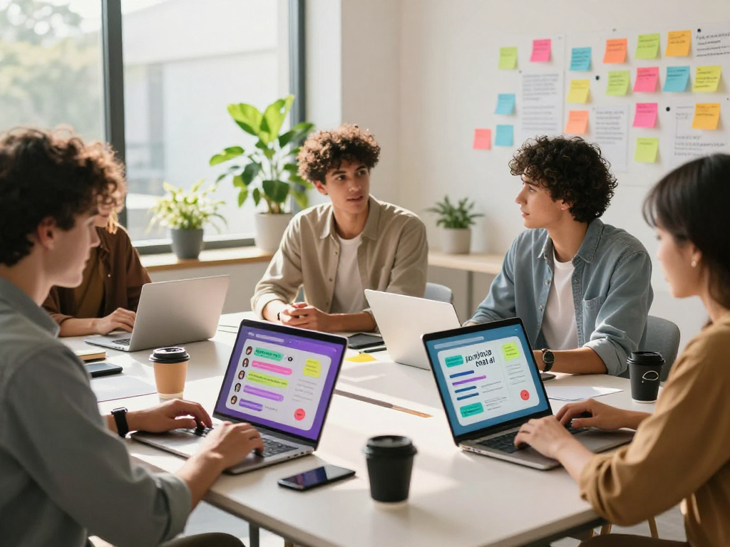 Dynamic collaborative workspace illustrating juicy chat ai concept with engaged professionals and digital devices.