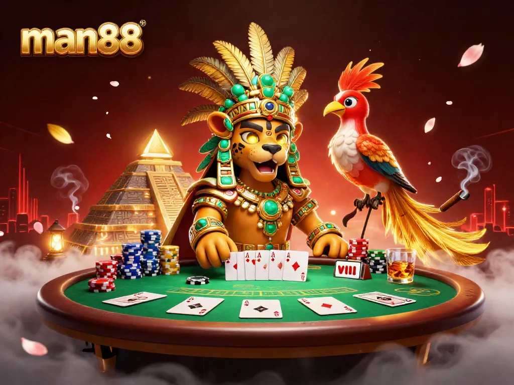 Experience thrilling gaming action with man88's vibrant casino scene featuring poker elements.