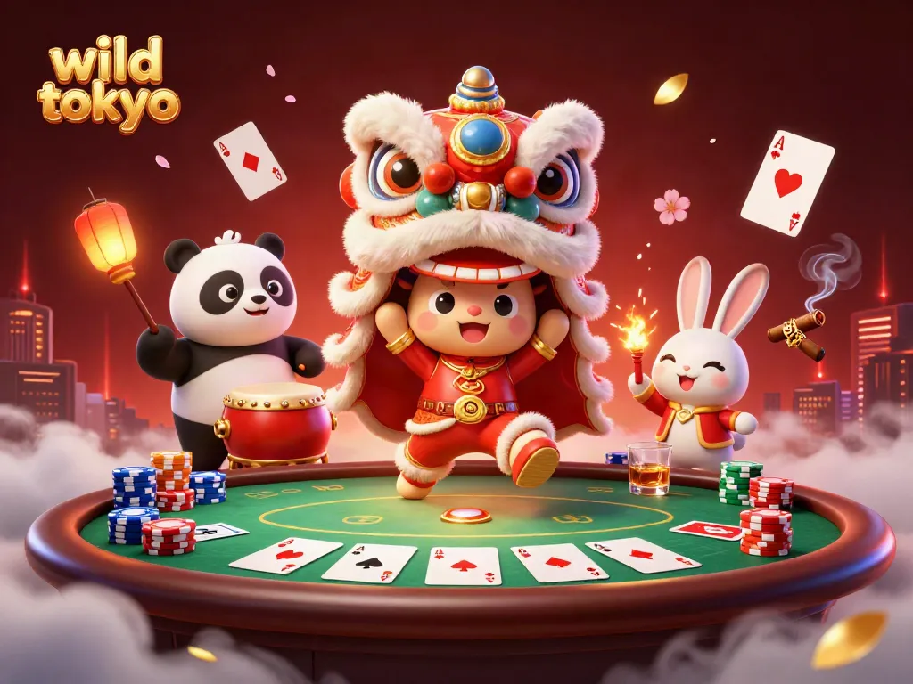 Experience wild tokyo with vibrant casino characters amid poker chips and festive decorations.