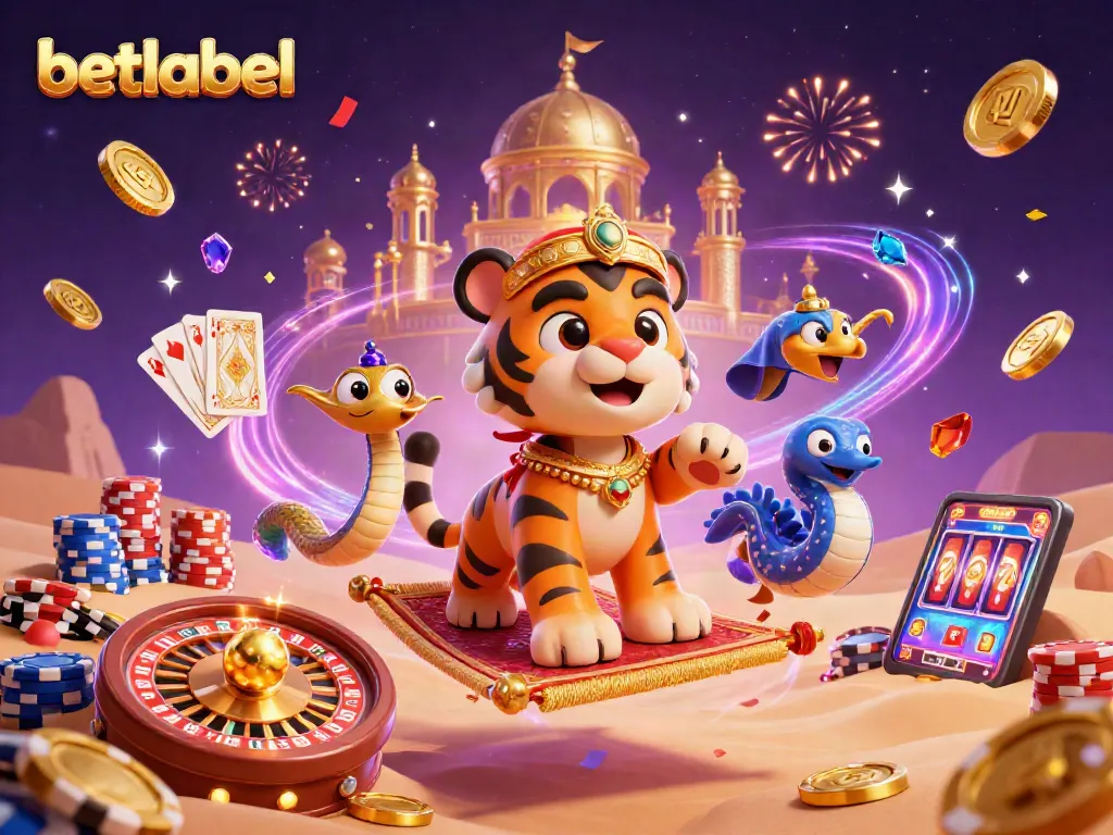 Win big with betlabel's gambling scene featuring a sultan on a casino carpet amidst coins and cards.