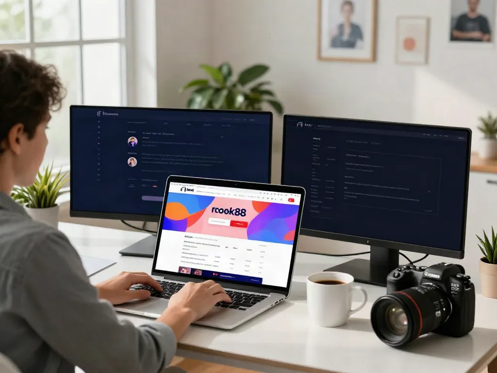User using the rokok88 login page on a laptop in a modern home office setting.